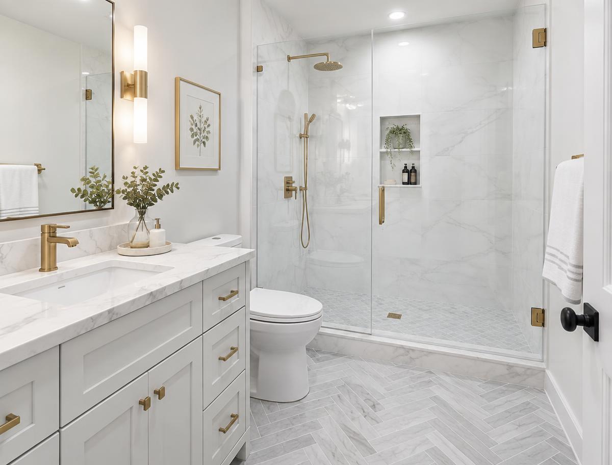 Finished custom tile shower and herringbone tile floor after renovation