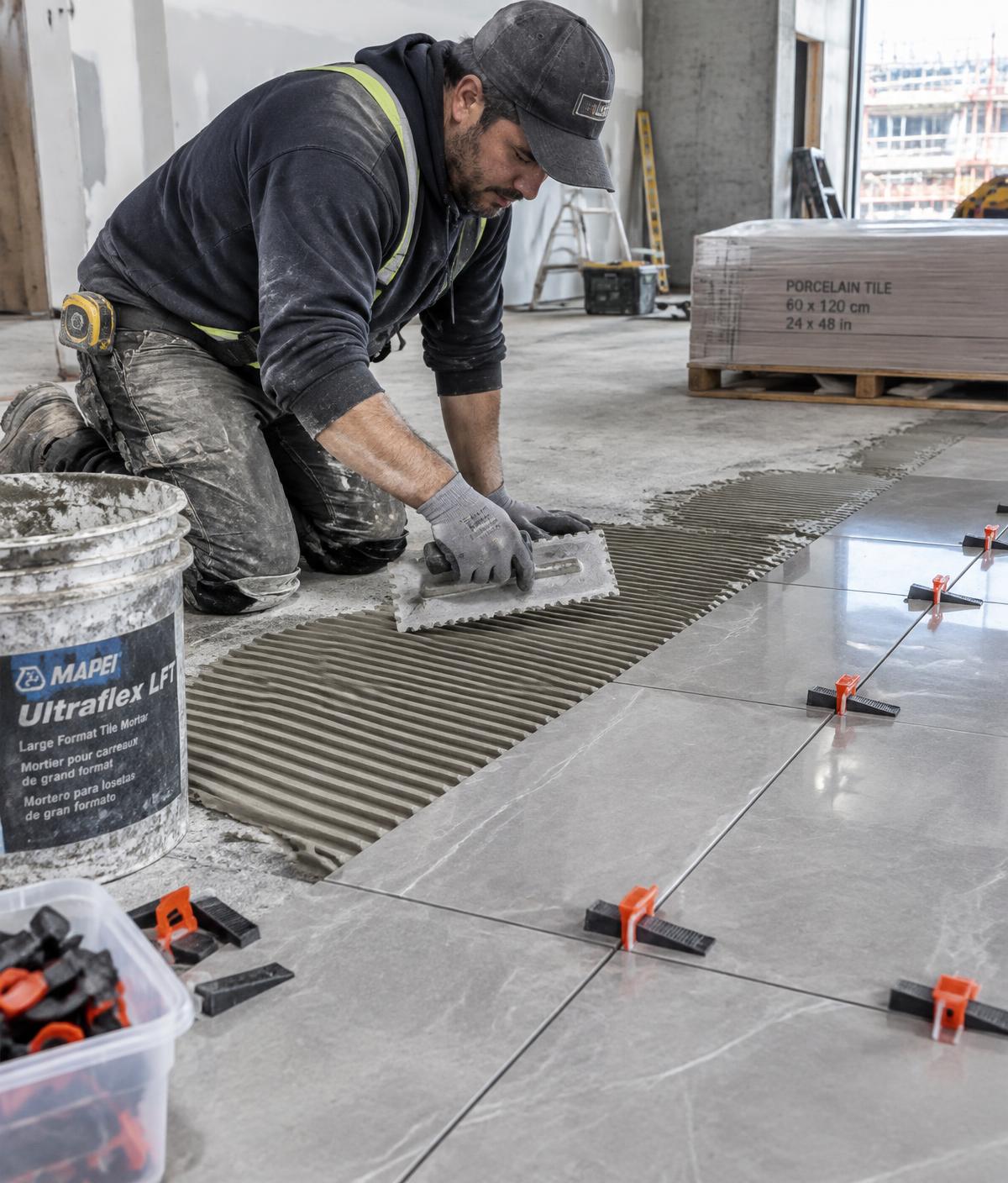 Tile installer setting large-format porcelain tile with a leveling system