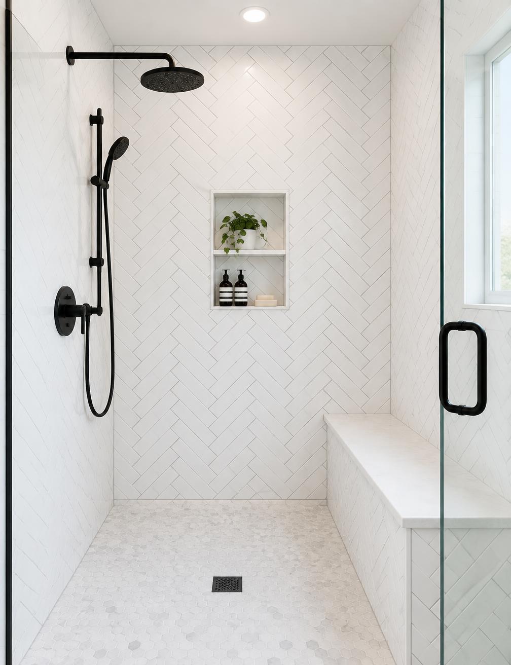 White herringbone tile shower with bench and niche in Salt Lake City