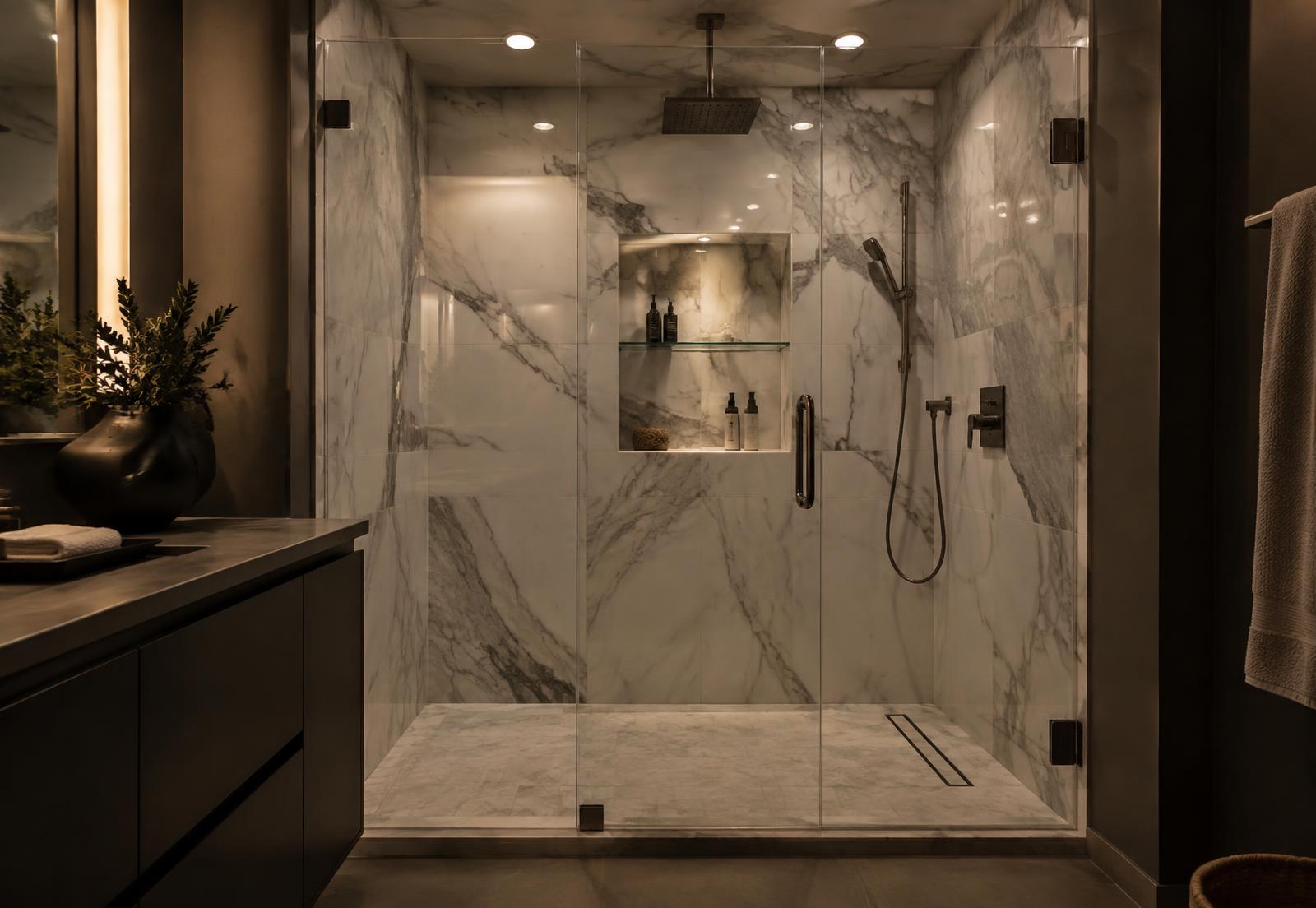 Custom marble tile walk-in shower with glass door and lit niche