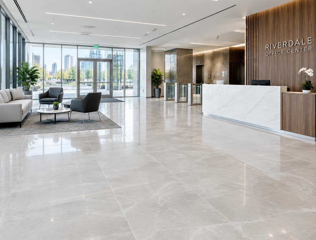 Polished porcelain tile floor in a commercial lobby in Salt Lake City