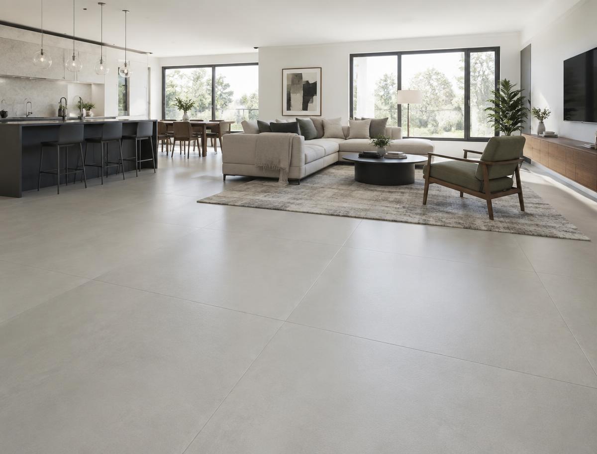 Large-format porcelain tile flooring in an open living space