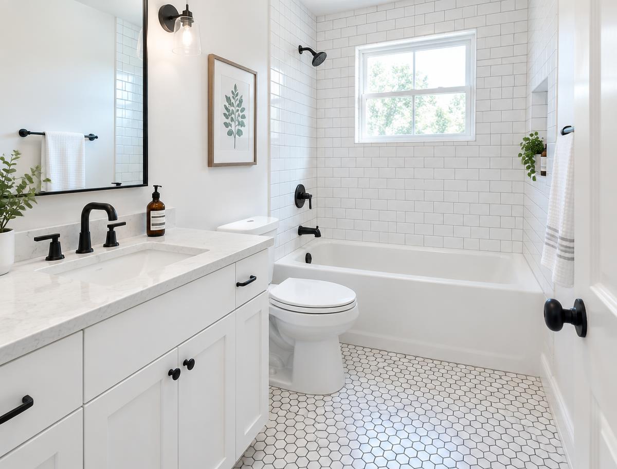 Remodeled bathroom with tile floor and tub surround